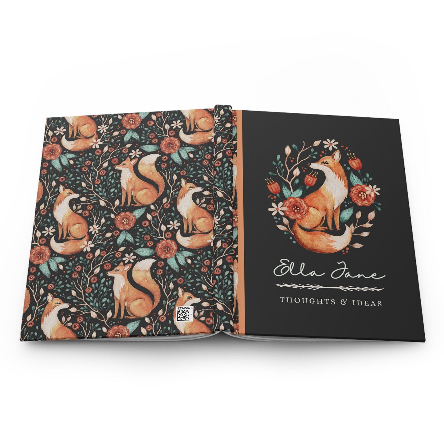 Hardcover journal with fox design on cover and fox pattern on back. Journal is personalized with the first name of recipient, and says thoughts and ideas under the name. Fox design features floral elements in a vintage illustrated style.