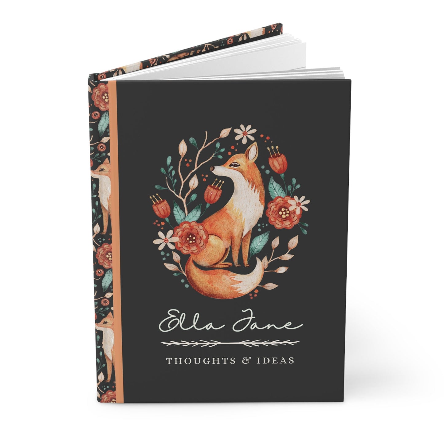 Hardcover journal with fox design on cover and fox pattern on back. Journal is personalized with the first name of recipient, and says thoughts and ideas under the name. Fox design features floral elements in a vintage illustrated style.