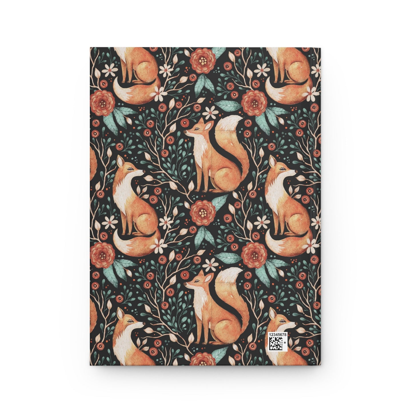 Hardcover journal with fox design on cover and fox pattern on back. Journal is personalized with the first name of recipient, and says thoughts and ideas under the name. Fox design features floral elements in a vintage illustrated style.