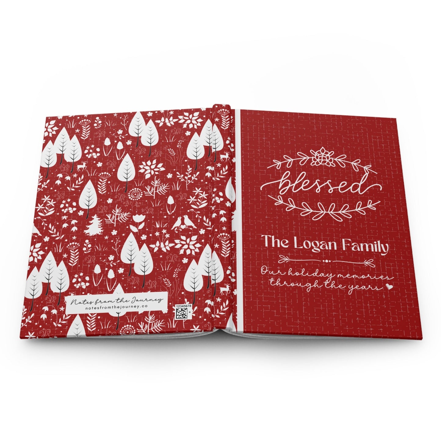 Red and White Christmas journal, with pretty wreath graphic and cursive lettering that says Blessed. Journal is personalized with family last name and the message Our Holiday Memories Through the Years. Beautiful custom Christmas gift for mom.