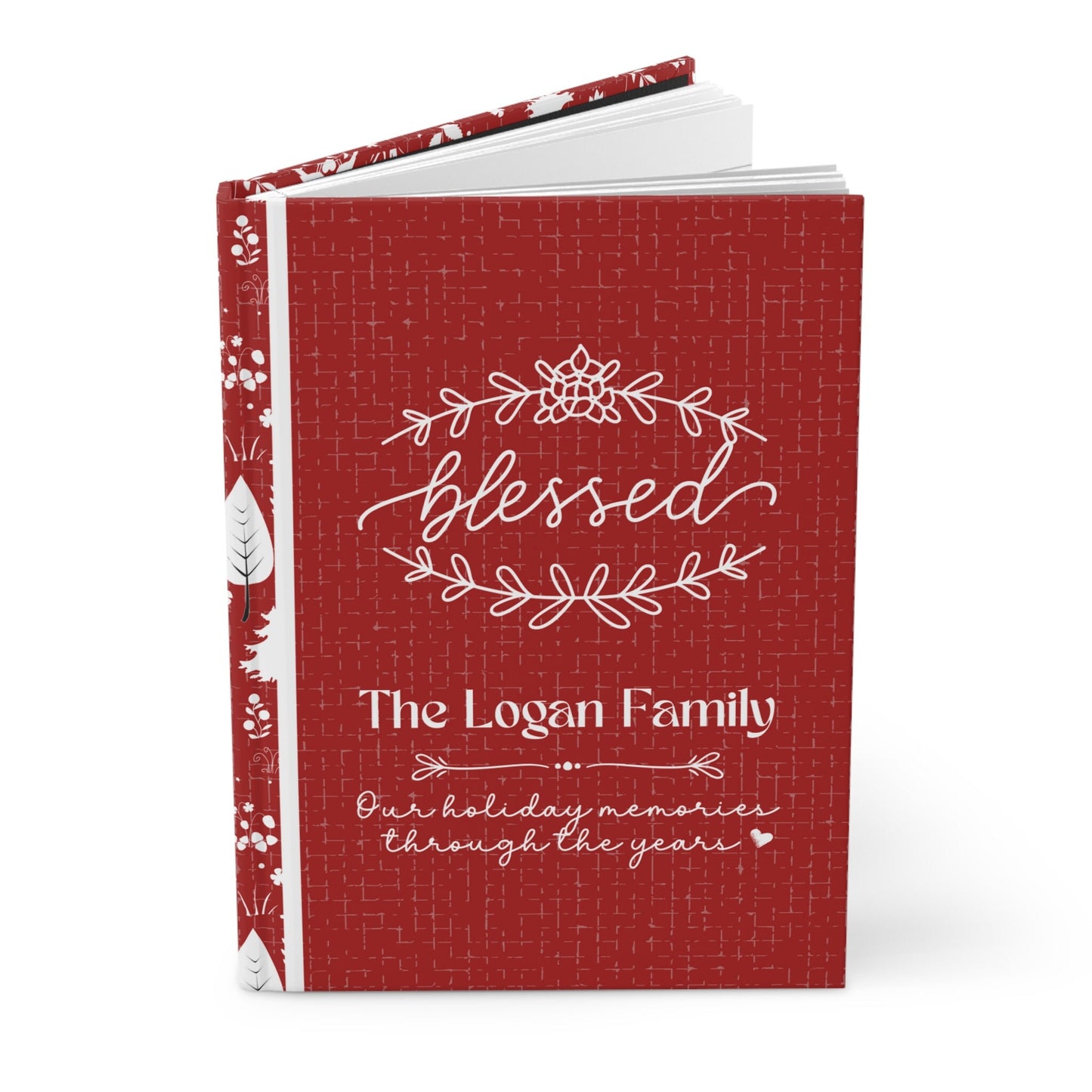 Red and White Christmas journal, with pretty wreath graphic and cursive lettering that says Blessed. Journal is personalized with family last name and the message Our Holiday Memories Through the Years. Beautiful custom Christmas gift for mom.