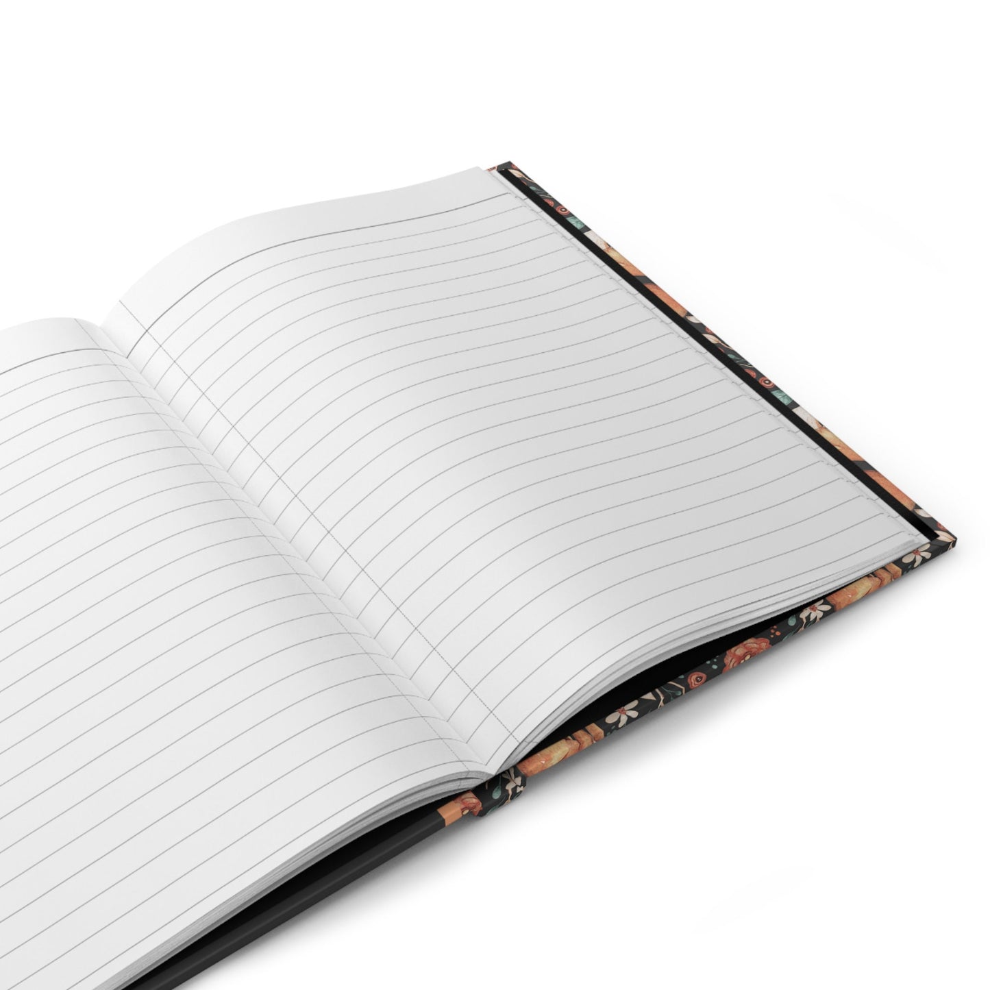 Hardcover journal with fox design on cover and fox pattern on back. Journal is personalized with the first name of recipient, and says thoughts and ideas under the name. Fox design features floral elements in a vintage illustrated style.