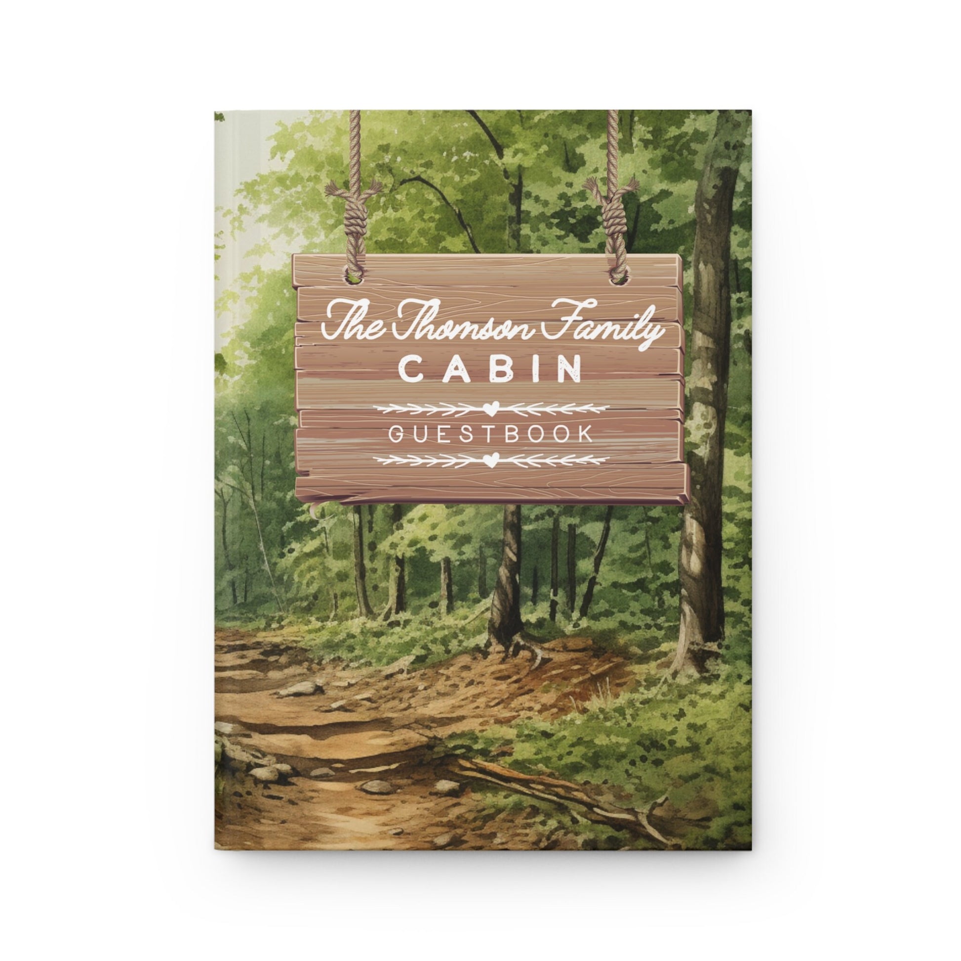 Custom Cabin Rental Guestbook. Rustic sign with text The Thomson Family Cabin Guestbook. Text can be personalized with family or cabin name. Watercolor forest painting in the background.