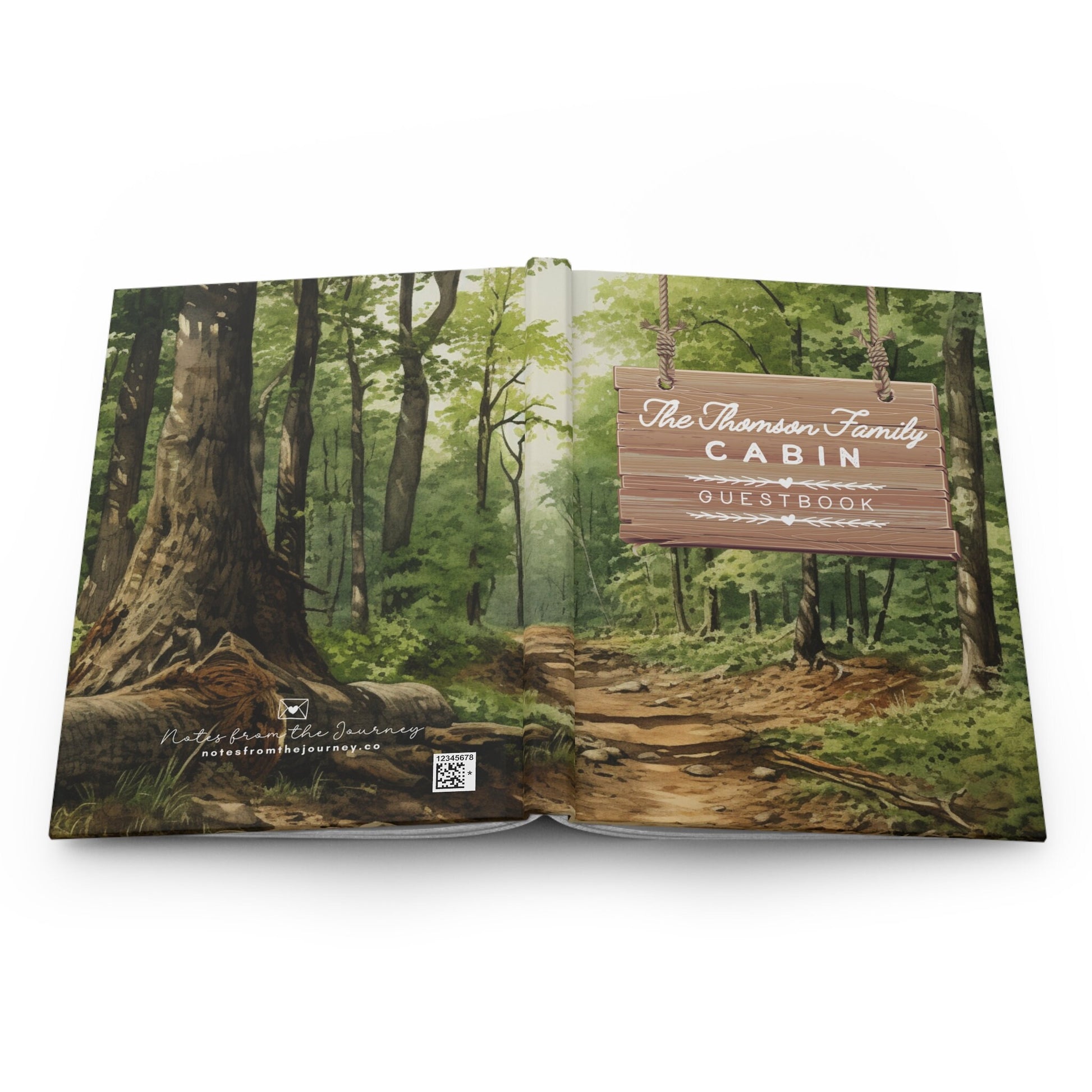 Custom Cabin Rental Guestbook. Rustic sign with text The Thomson Family Cabin Guestbook. Text can be personalized with family or cabin name. Watercolor forest painting in the background.